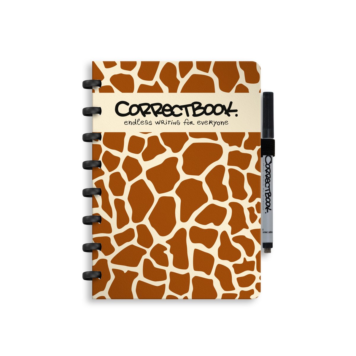 Cuaderno borrable Correctbook A5 – jirafa curiosa – en blanco – cuaderno reutilizable – incluye toallita para bolígrafo – se puede complementar con páginas adicionales