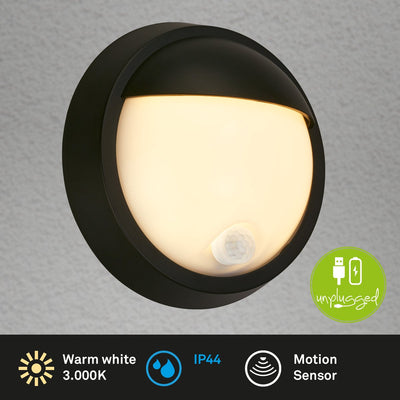 Briloner - lampada da parete per esterni - lampada da esterno - con rilevatore di movimento - sensore crepuscolare - batteria ricaricabile - ricarica USB - protezione contro gli spruzzi d'acqua - ø17 x 7 cm - nero