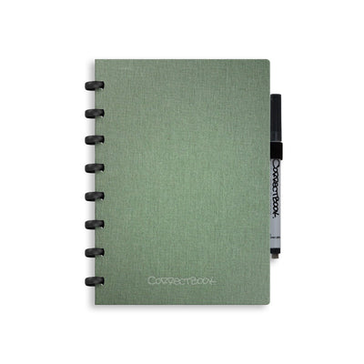 Correctbook a5 uitwisbaar notitieboek – linnen hardcover – herbruikbaar schrift – olive green – gelinieerd – inclusief pen wisdoekje – aanvulbaar met extra pagina’s