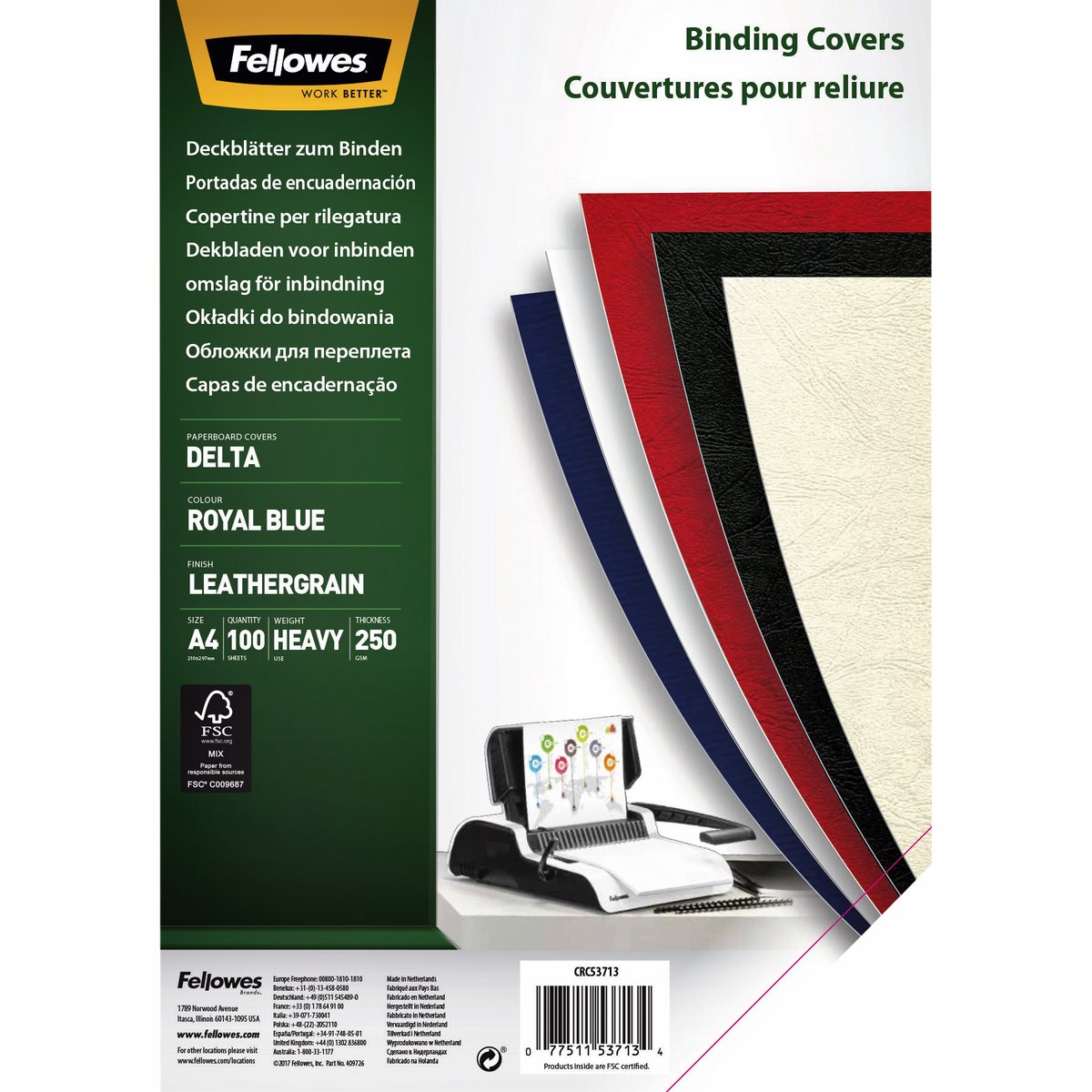 Pack 100 funda encuadernación azul 5371305 Fellowes leatherboard a4