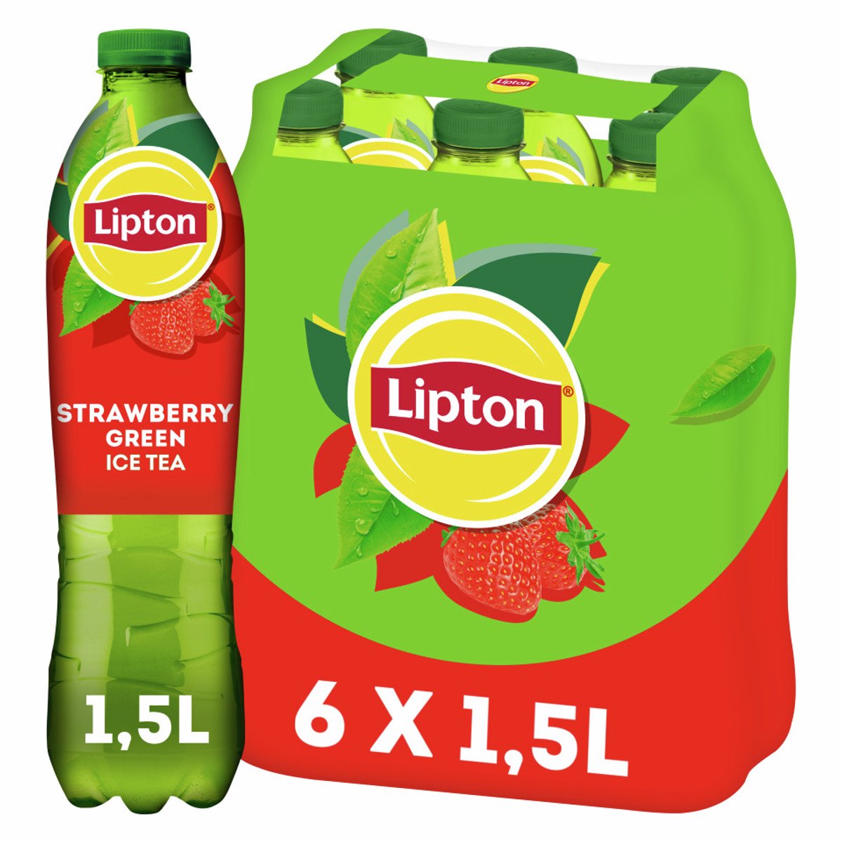 Botella de té helado Lipton verde - fresa - bajo en azúcar - 6 x 1500 ml - paquete económico