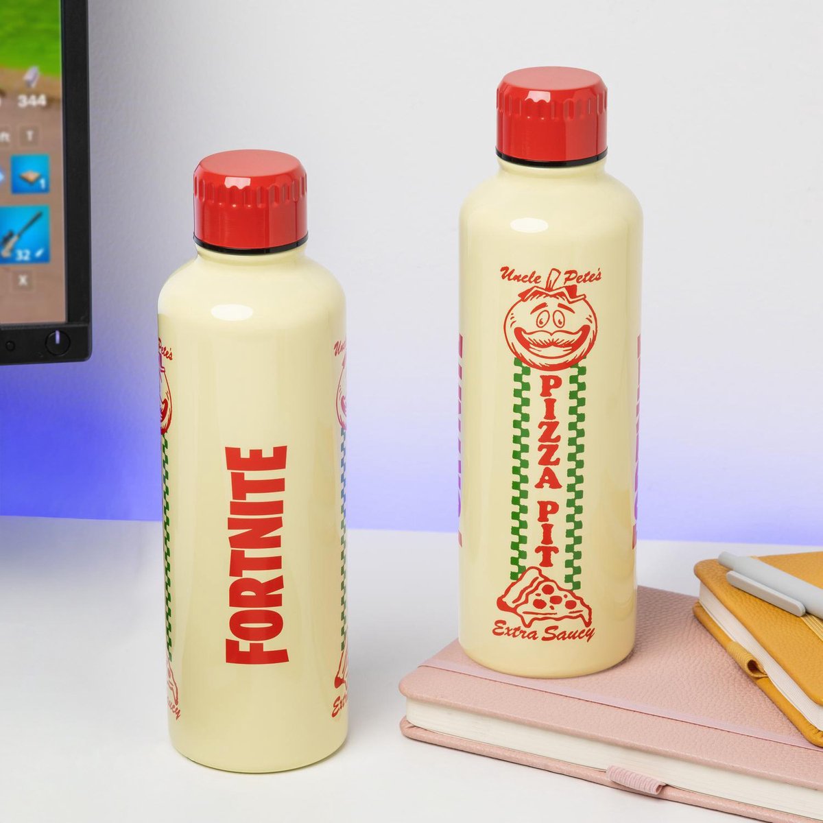 Botella de agua de metal Paladone Fortnite Pizza Pit - Botella de acero inoxidable con licencia oficial de 500 ml con tapón de rosca -