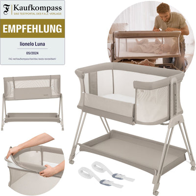 Lionelo luna – lettino 2 in 1 da affiancare – nascita fino a 9 kg – 7 posizioni in altezza – materassino inclinabile – sponde in rete – ruote con blocchi – fodera lavabile – incluso cestino portaoggetti