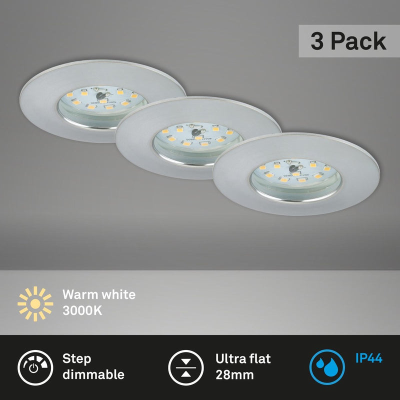 Briloner - Set di 3 lampade da incasso a LED dimmerabili, ciascuna 6,5 W, 3.000 Kelvin IP44, color alluminio ø7,5 cm