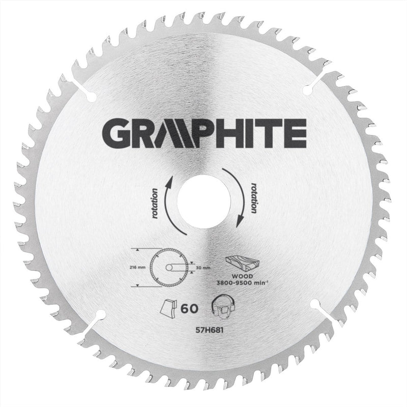 Hoja de sierra circular de grafito 57h681 para madera 216mm, diámetro 30mm, dientes 60, espesor 3,2, cuñas 16 20 25, tct