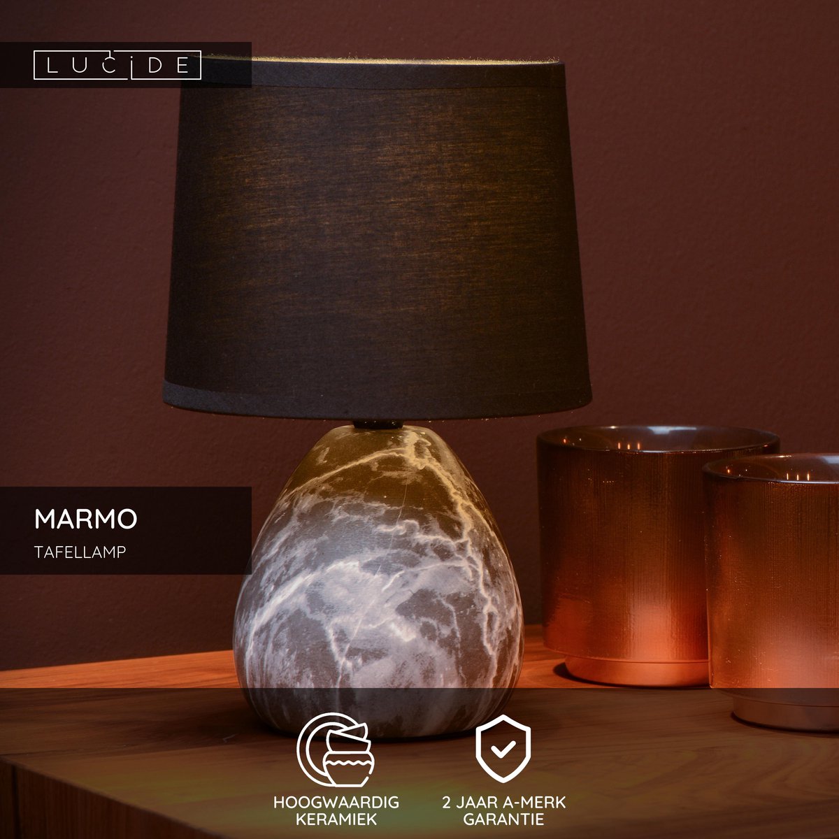 Lucide marmo - lampada da tavolo - ø 16 cm - 1xe14 - nero - japandi