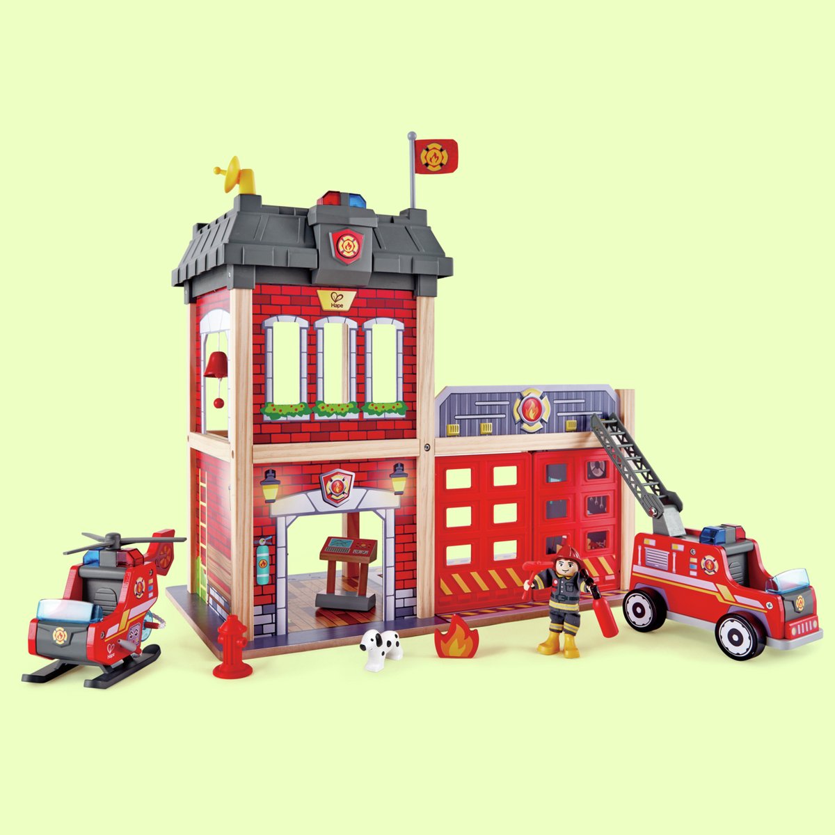 Set da gioco della caserma dei pompieri Hape con camion dei pompieri, elicottero e luci e suoni - 13 pezzi, a partire da 3 anni
