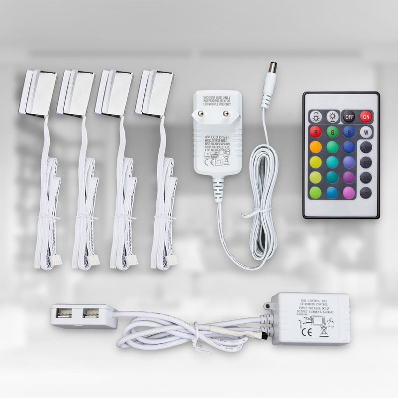 B.K. luce - luce LED RGB - illuminazione mobile - clip per lastre di vetro - illuminazione - set da 4 pezzi - con telecomando - strisce LED