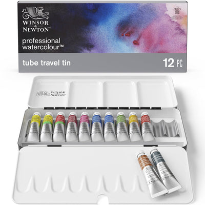 Acquerelli professionali Winsor Newton 12 tubi da 5 ml, scatola in metallo leggero