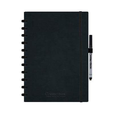 Taccuino cancellabile Correctbook A4 - copertina rigida in pelle artificiale nera inchiostro - a righe - taccuino riutilizzabile - inclusa salvietta per penna - può essere integrato con pagine extra