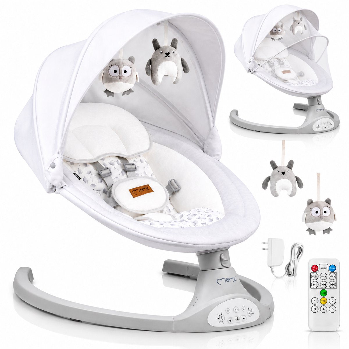 Momi kenani - elektrische babyschommel - bluetooth - afstandsbediening - 5 schommelsnelheden - lichtgrijs
