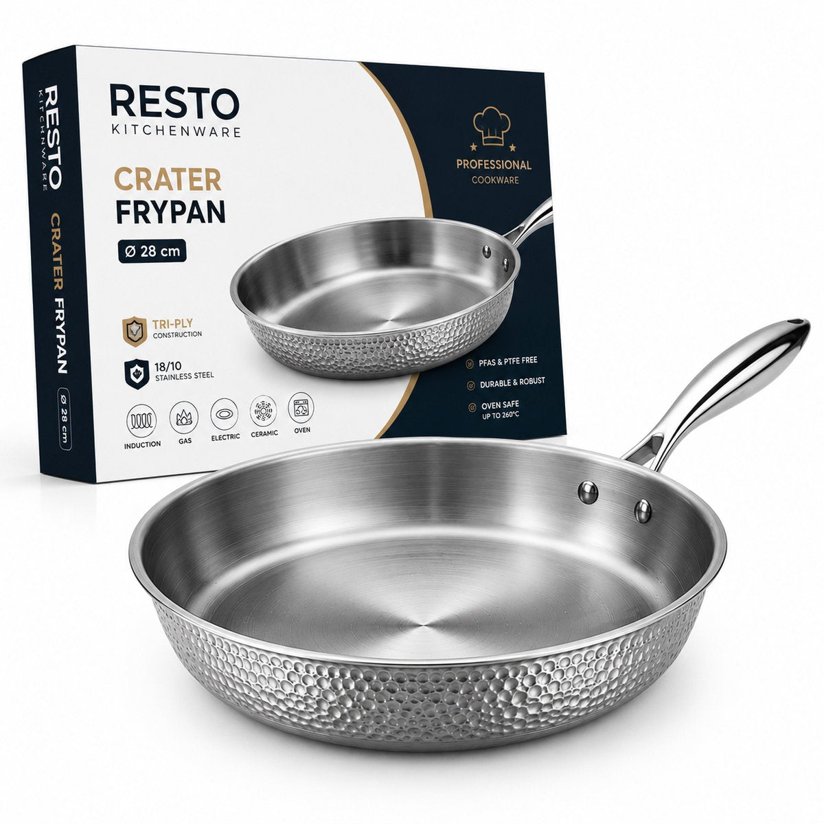 Padella Resto Cratere 28 cm – padella inox triplo strato – adatta per induzione – padella professionale – rivestimento antiaderente pfluon – adatta al forno