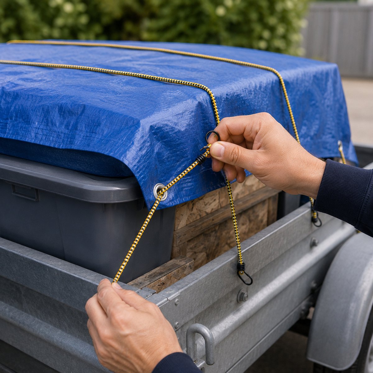 Kinzo spinbinders met haken – 2 stuks – elastische snelbinders 150 cm – blauw geel