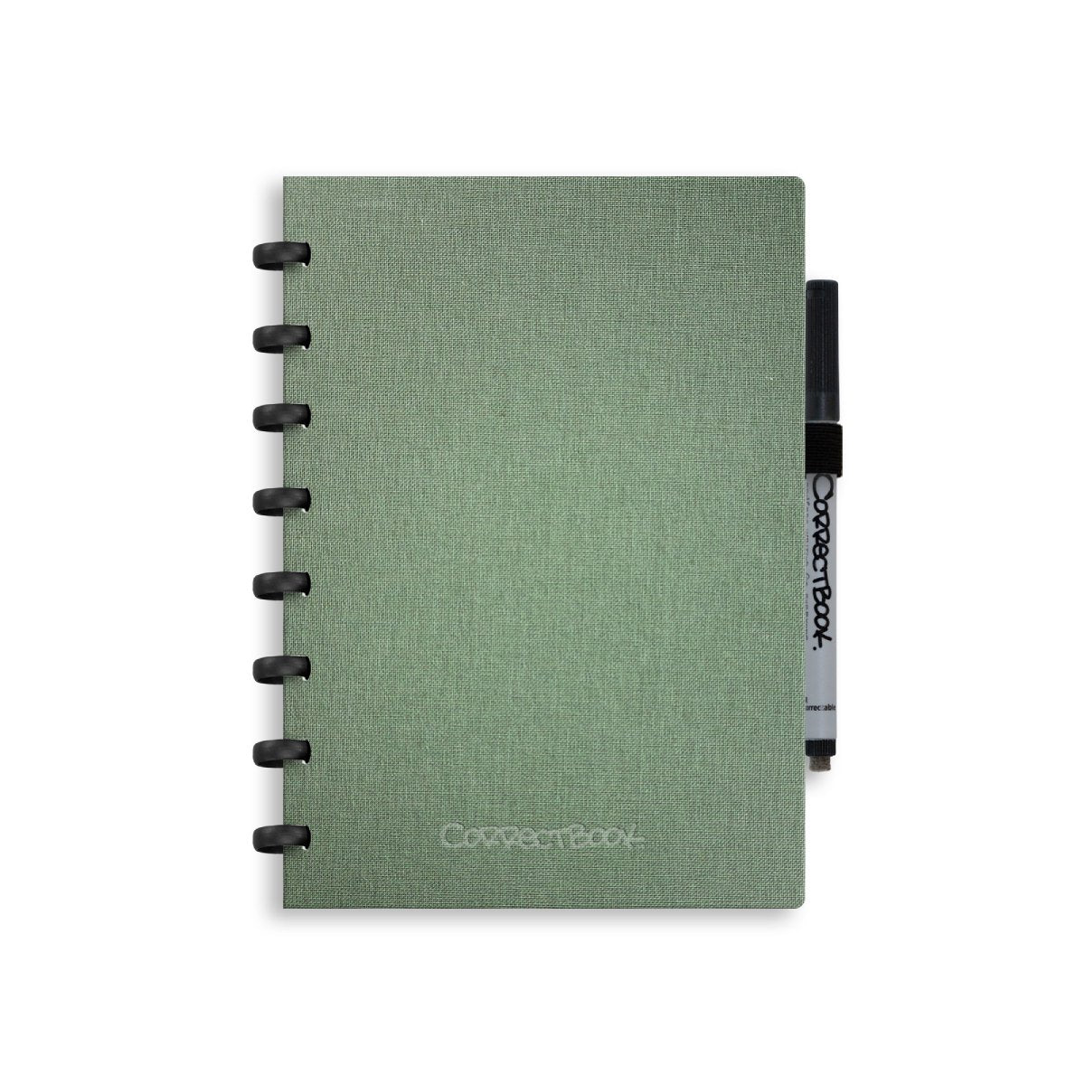 Quaderno cancellabile Correctbook A5 – copertina rigida in lino – quaderno riutilizzabile – verde oliva – vuoto – inclusa salvietta per penna – può essere integrato con pagine extra