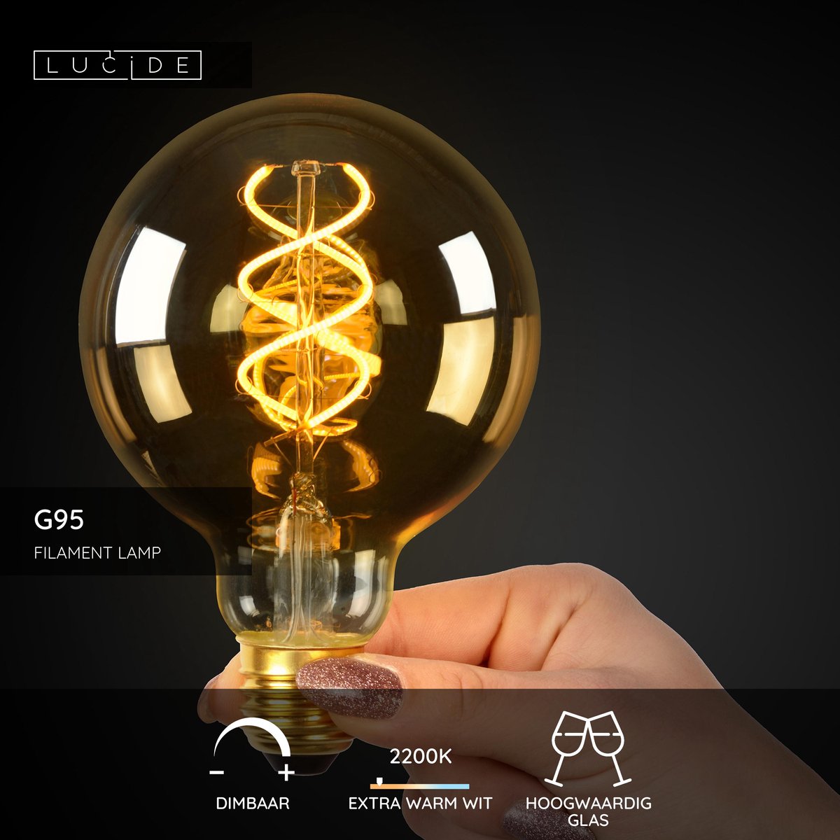 Lucide g95 - filament lamp - ø 9,5 cm - led dimbaar - e27 - 1x4,9w 2200k - amber