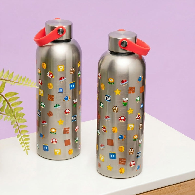 Paladone Botella de metal Super Mario con asa de transporte - Botella de acero inoxidable 500 ml -