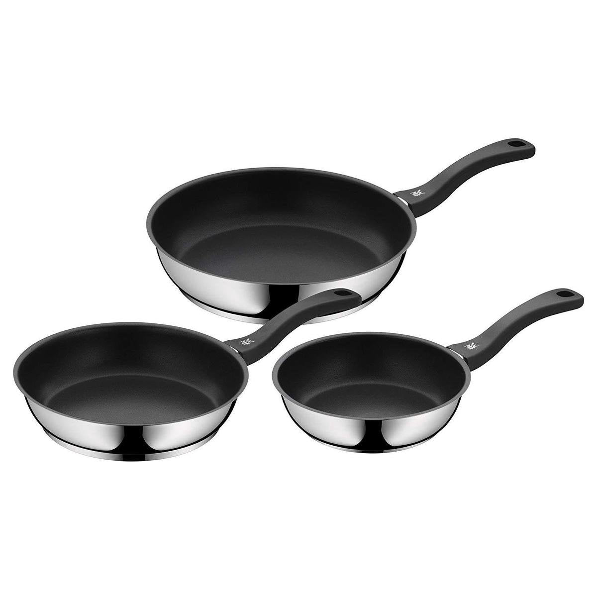 WMF Sartén revestida de 3 piezas con mango - juego de sartenes antiadherentes - diámetro 20 24 28 cm - negro plateado
