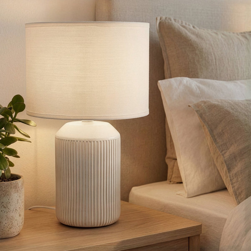 Briloner ino - lámpara de mesa dormitorio - con pantalla de tela base de cerámica - lámpara de noche - lámpara de mesa - ø22 x 37,5 cm - blanco