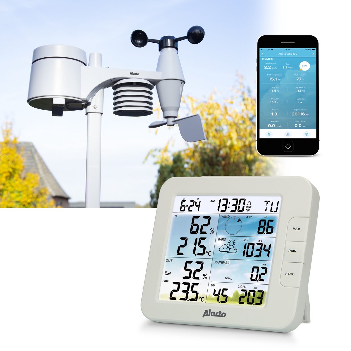 Alecto ws5400 - professioneel wifi weerstation met buitensensor - app besturing - 8-in-1