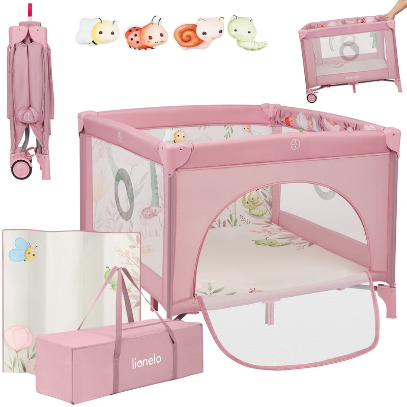 Box Lionelo mille plus 0-36 mesi – box per bebè con materasso in schiuma T25, giocattoli educativi, maniglie per imparare a stare in piedi, giostrina pieghevole, porta laterale con cerniera – box da gioco per la casa e il viaggio
