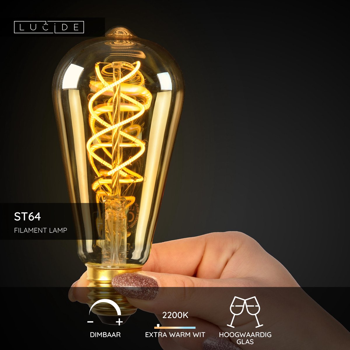 Lucide st64 - filament lamp - ø 6,4 cm - led dimbaar - e27 - 1x4,9w 2200k - amber
