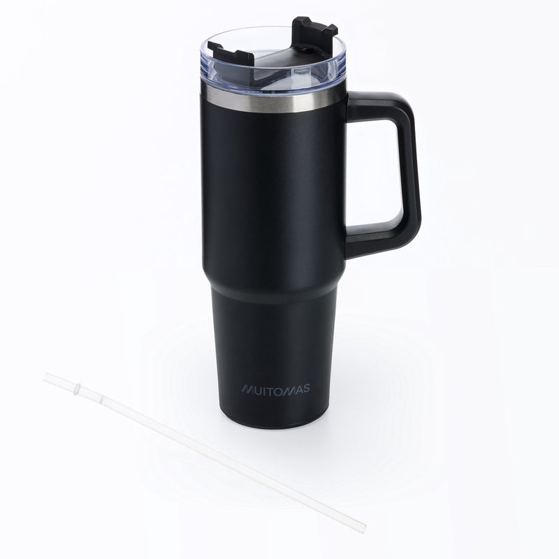 Taza de viaje Muitomas - taza de viaje - pared con doble aislamiento - práctico asa de paja - 900 ml - negro