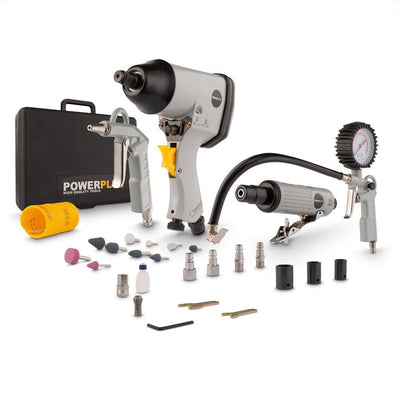 Juego básico neumático Powerplus powair0021 - 5 piezas - incl. llave, mini amoladora de clavijas, pistola para inflar neumáticos, pistola de aire, manguera en espiral y 21 accesorios