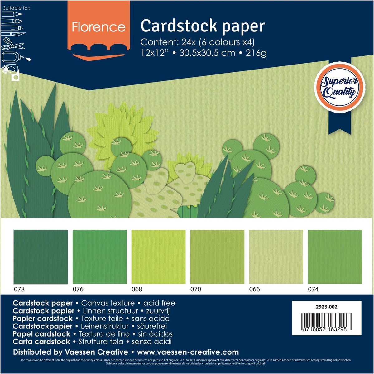 Cartulina creativa Florence Vaessen, papel para tarjetas resistente 216 g - verde, 24 piezas. 30,5x30,5cm