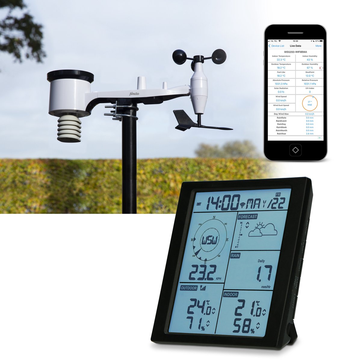 Alecto ws5200 - professioneel wifi weerstation met buitensensor - app besturing - 6-in-1