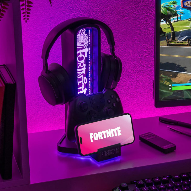 Paladone Fortnite Supporto per cuffie 3-in-1 con porte di ricarica USB-C con luce RGB - Accessorio da scrivania da gioco con licenza ufficiale -