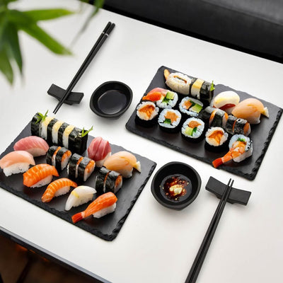 Mikamax sushi set for two - zwarte vaatwasbestendige 2-persoons sushi serveerset van leisteen