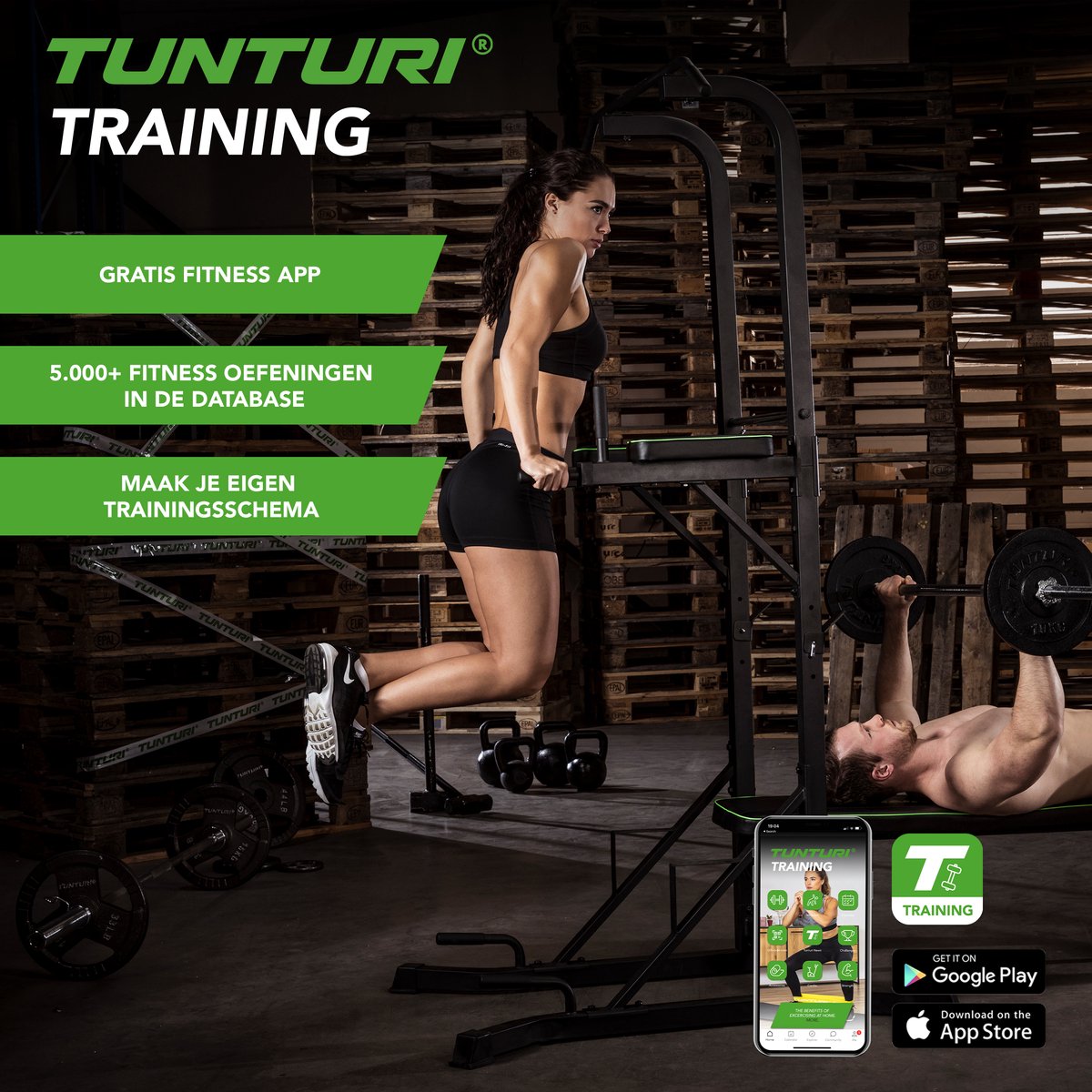 Tunturi pt60 power tower - pull up station - dip station - sit up - bankdrukken - incl. gratis fitness app