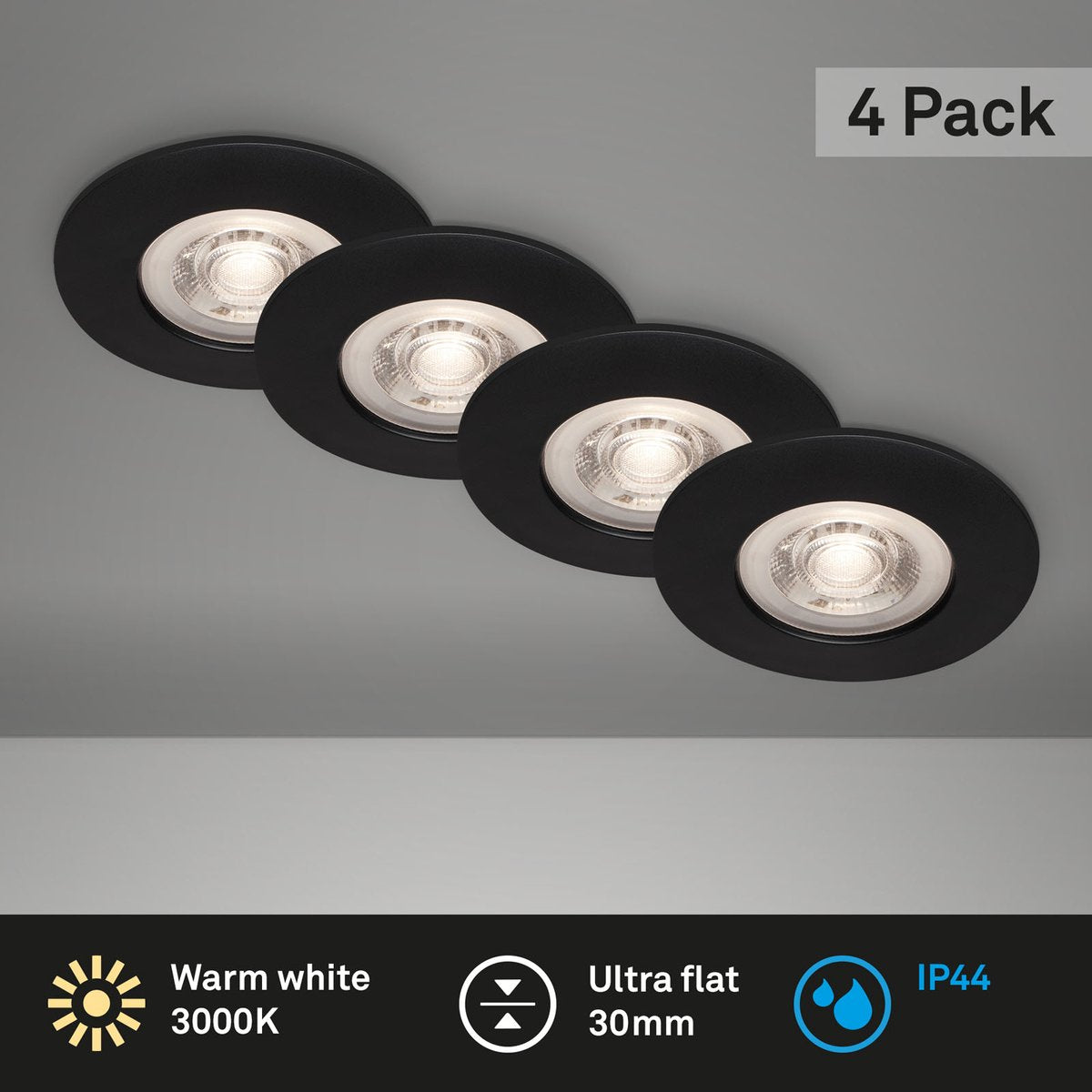 Briloner - set 4 faretti da incasso LED - illuminazione bagno - ø9 cm - ip44 - 4,9 w - 480 lm - 3.000 k - nero