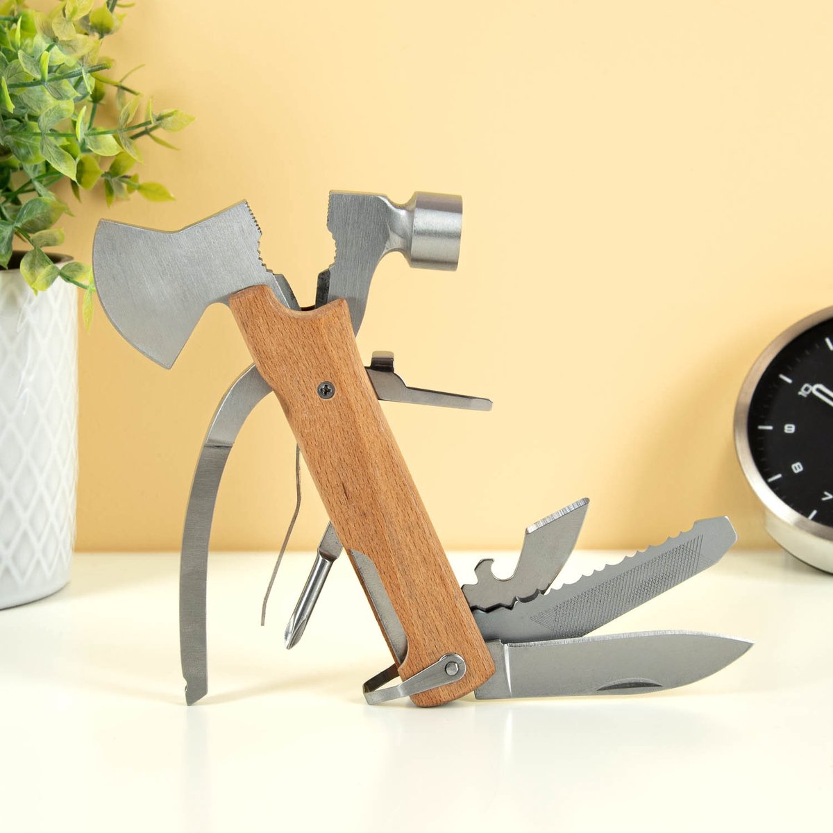 Kikkerland multitool mini bijl - 10 in 1- platte schroevendraaier - flesopener - ruimer - zaagblad - vijl - mes - kruiskop schroevendraaier - tang - draadknipper - cadeau voor man