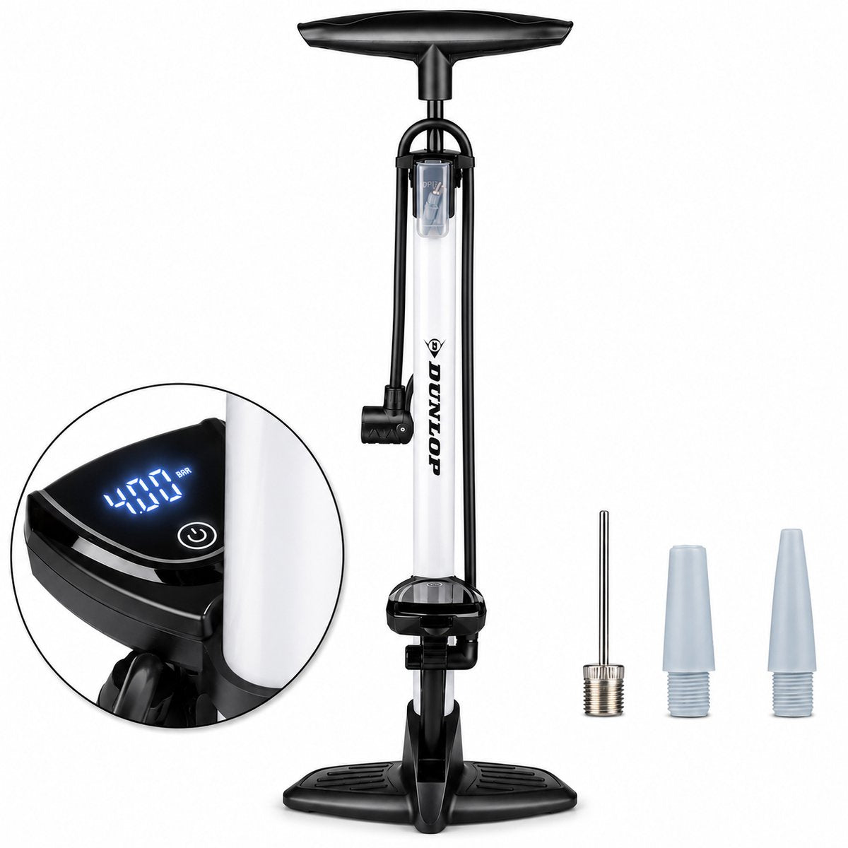 Pompa da bicicletta digitale Dunlop con manometro - pompa da bicicletta adatta per valvola Schrader Presta - pompa a sfera 120 psi 8,3 bar - inclusi adattatori per valvola e ago