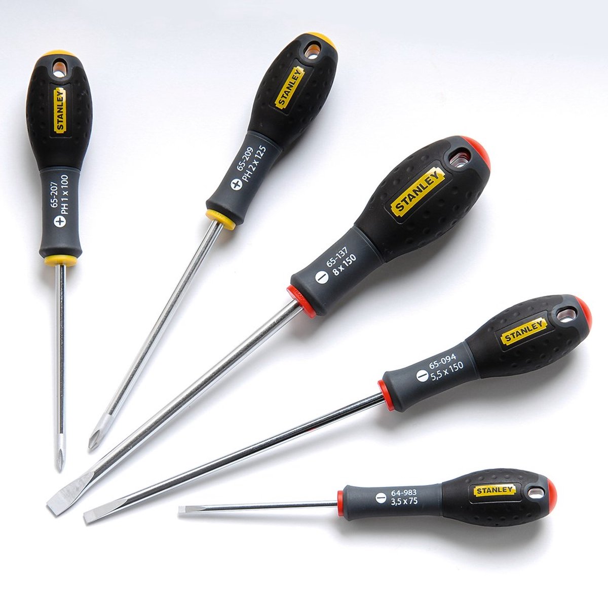 Stanley 5-delige fatmax schroevendraaierset parallel 3.5 x 75mm. 5.5 x 150mm standaard 8 x 150mm phillips ph1 x 100mm. ph2 x 125mm