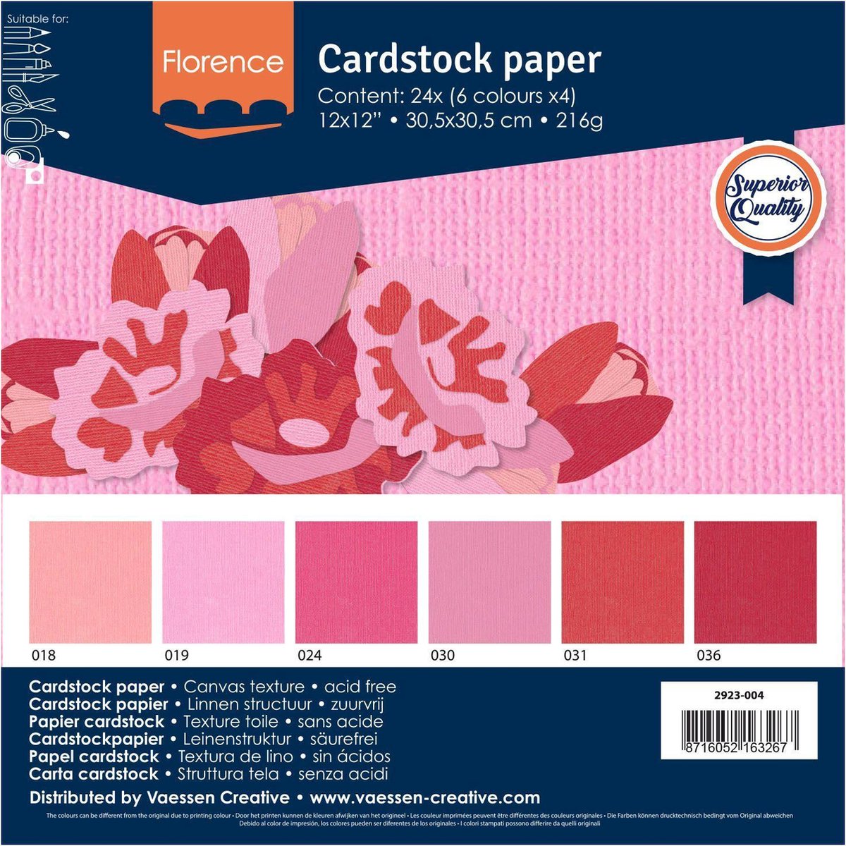 Cartoncino creativo Florence Vaessen, carta robusta 216 g - rosa, 24 pezzi. 30,5 x 30,5 cm