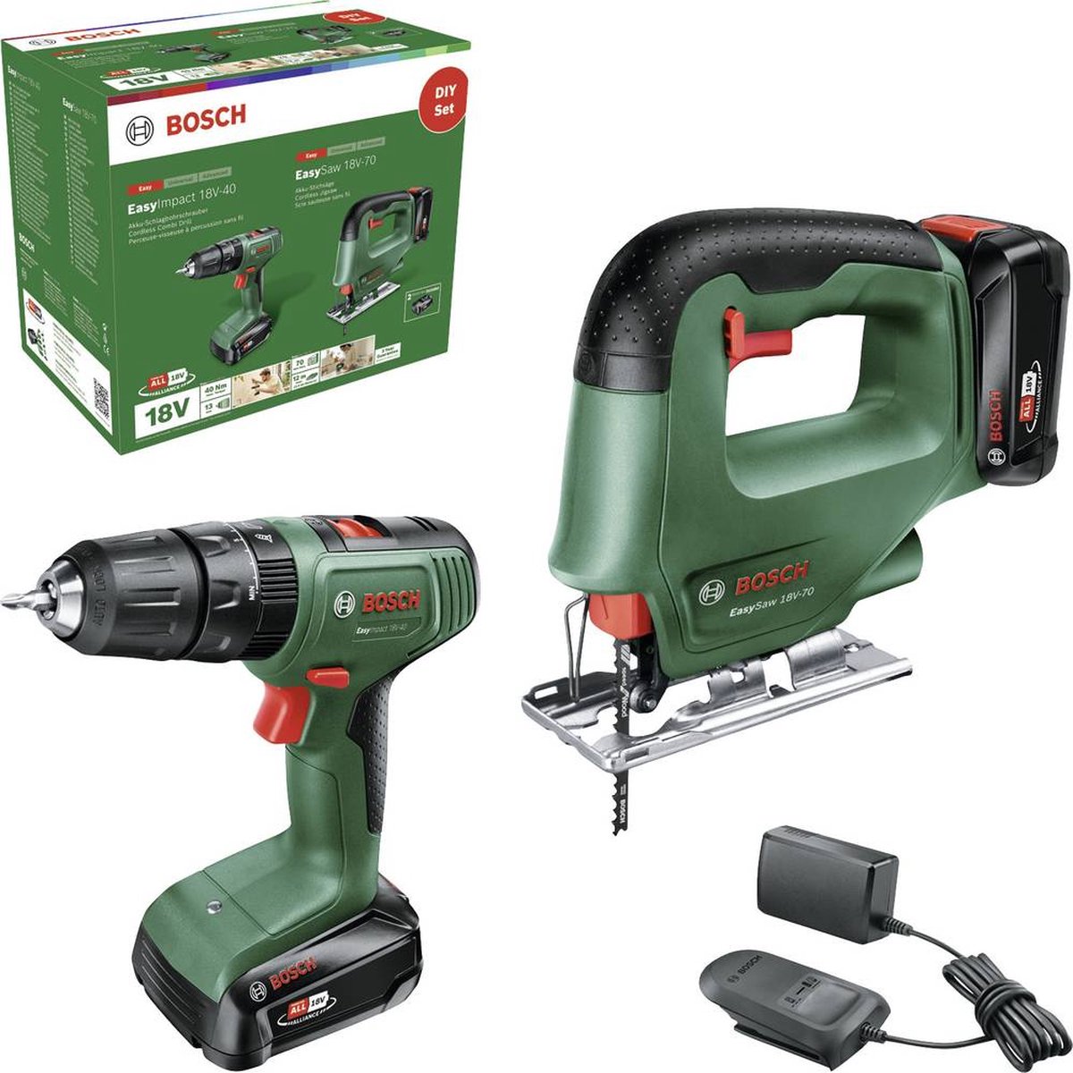 Bosch accuboormachine met klopfunctie + decoupeerzaag toolkit 18v (2 accu’s)