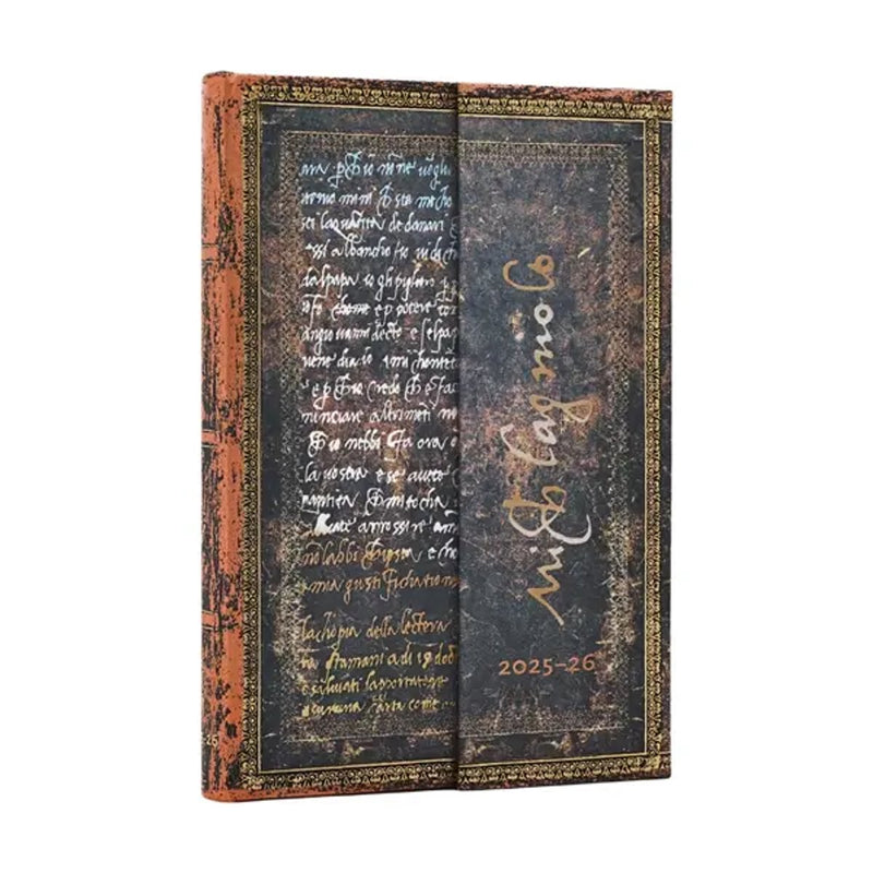 Paperblanks 2026 Michelangelo Handwriting (collezione di manoscritti decorati) mini agenda giornaliera flessibile da 18 mesi con copertina rigida orizzontale 2025-2026 (chiusura ad involucro)