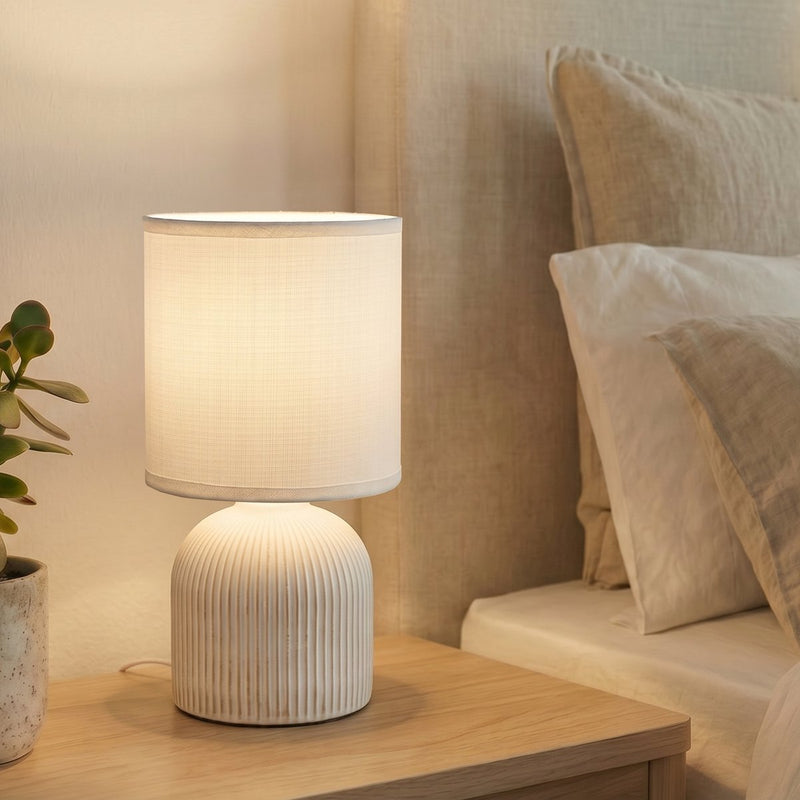 Briloner ino - lámpara de mesa dormitorio - con pantalla de tela base de cerámica - lámpara de noche - lámpara de mesa - ø15cm x 28 cm - blanco