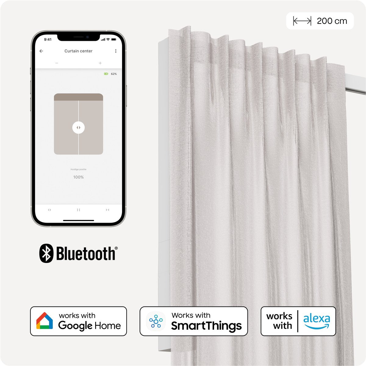 Motionblinds slimme gordijnrail – smart gordijn – bluetooth, draadloos app-bediening pull-start functie – usb-c oplaadbaar – pull-start functie – 200 cm