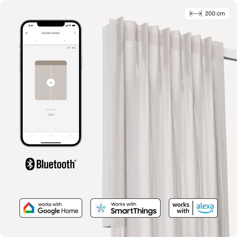 Motionblinds slimme gordijnrail – smart gordijn – bluetooth, draadloos app-bediening pull-start functie – usb-c oplaadbaar – pull-start functie – 200 cm