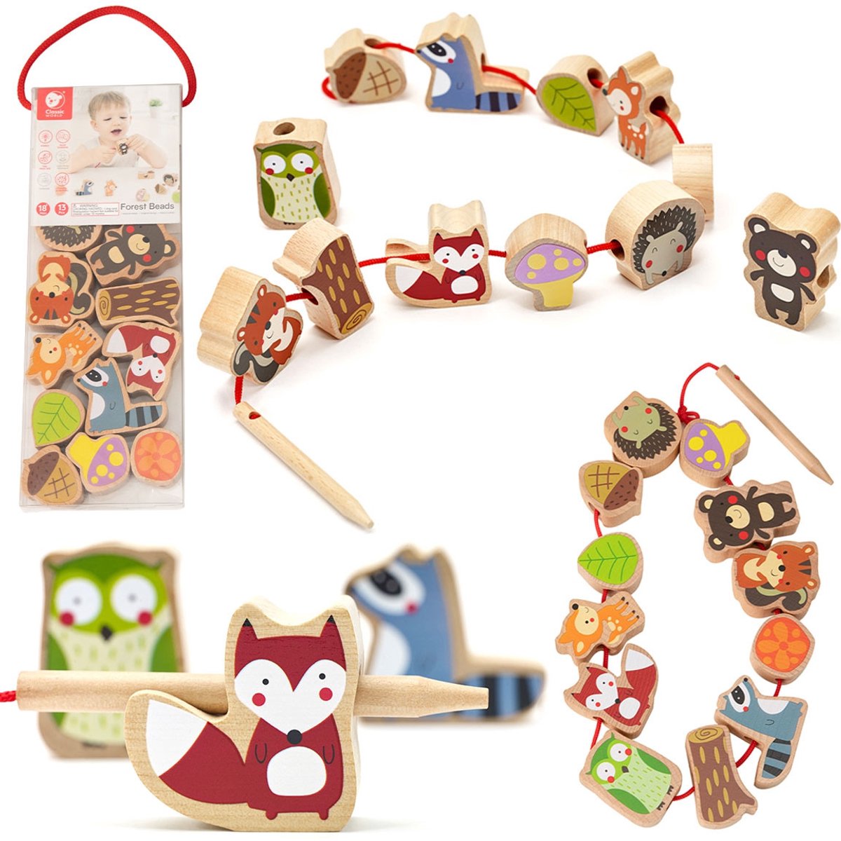 Classiche World World Wooden Roads perline Animali forestali