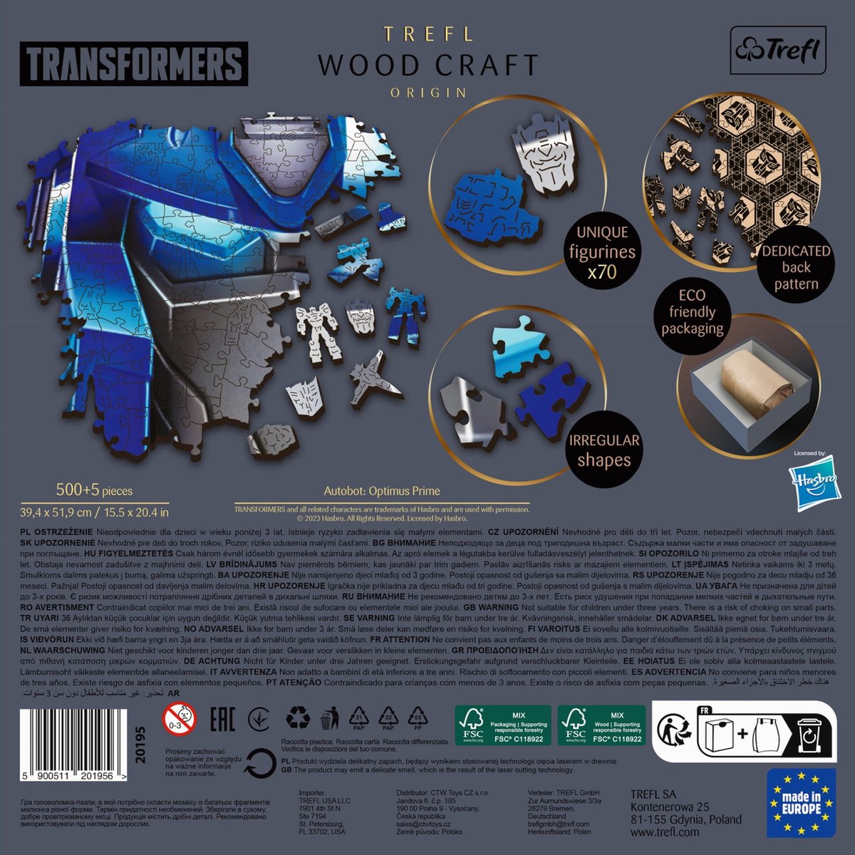 Trefl puzzle trasformatori in legno optimus prime 500+5 pezzi fsc.