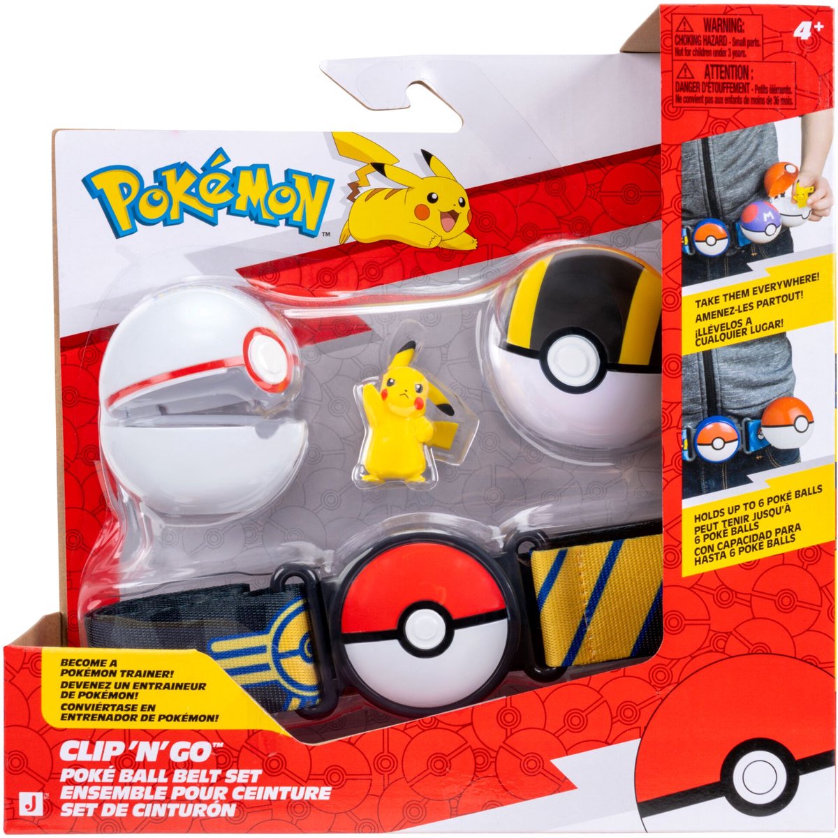 Jazwares pokémon - set cintura clip 'n' go poke ball - pikachu #5 con premier ball, cintura a tema di tipo elettrico ultra ball