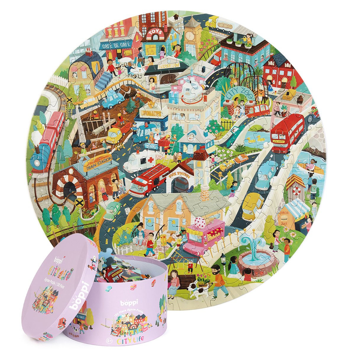 Boppi stadsleven - ronde puzzel - 150 stukjes - 58cm diameter - gemaakt van 3-laags gerecycled karton