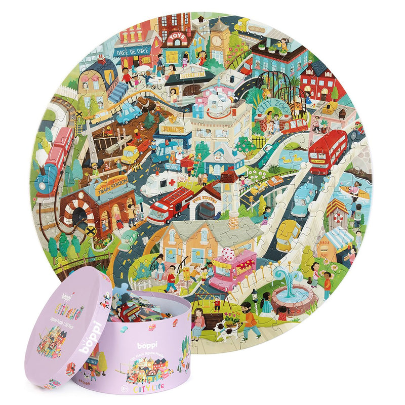 Boppi City Life - puzzle rotondo - 150 pezzi - diametro 58 cm - realizzato in cartone riciclato a 3 strati
