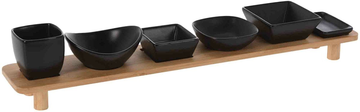Eccellente tagliere per casalinghi - con 6 piattini per snack, salsa e tapas - ciotole - legno - 50 x 8 cm
