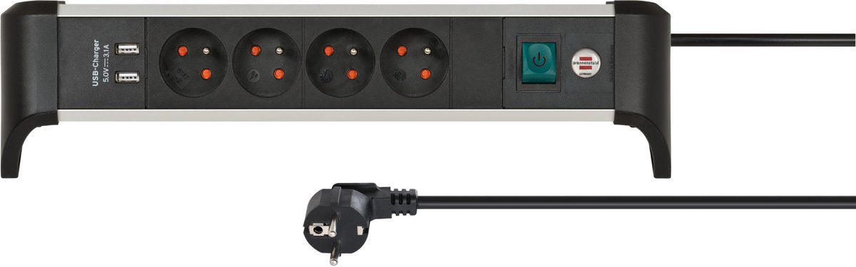 Multipresa Brennerstuhl alu-office-line a 4 vie con pin terra con USB (blocco prese per scrivania con cavo da 1,8 m e interruttore, made in Germany)