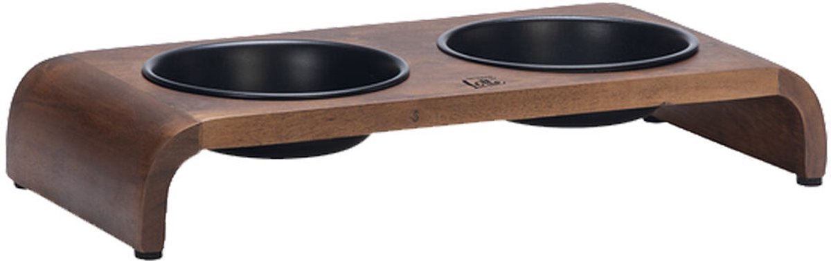 Designed by lotte melora voerbak drinkbak kat - dinerset eetbak waterbak kat - hout rvs - zwart - 2x350 ml